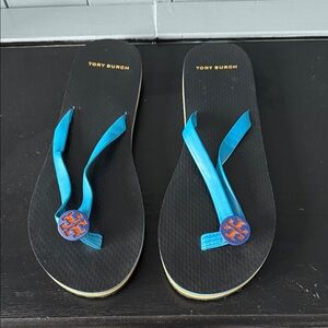 Tory Burch Black Sandals with Turquoise Straps and Blue-Orange Logo